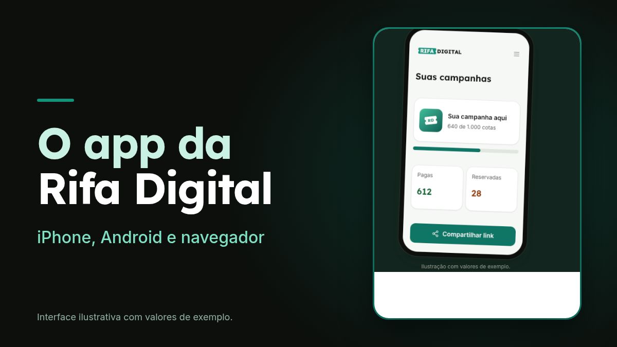 App da Rifa Digital no celular com acesso para iPhone, Android e navegador e valores ilustrativos