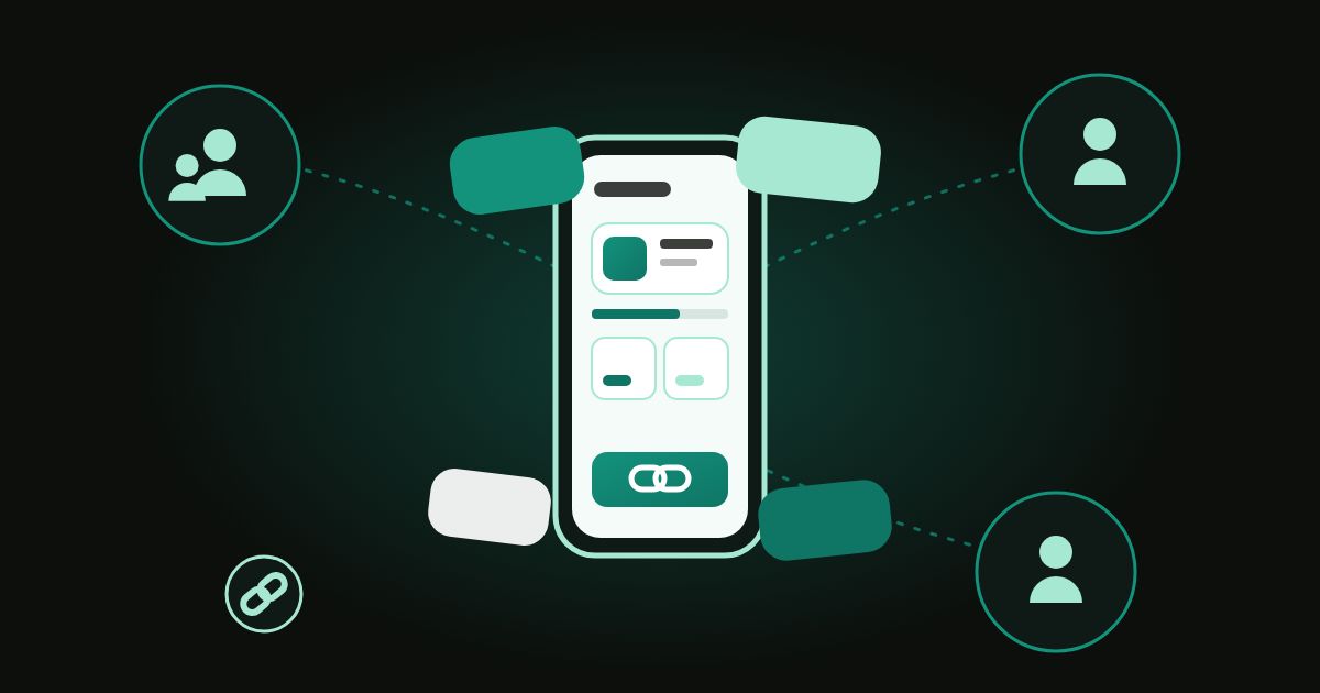 Compartilhamento de campanha ilustrado com celular e grupos de pessoas em verde