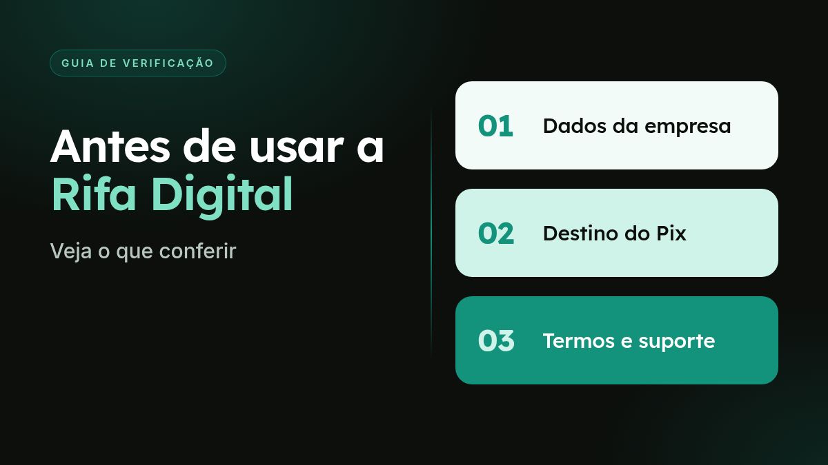 Pontos de verificação da Rifa Digital: dados da empresa, destino do Pix, termos e suporte